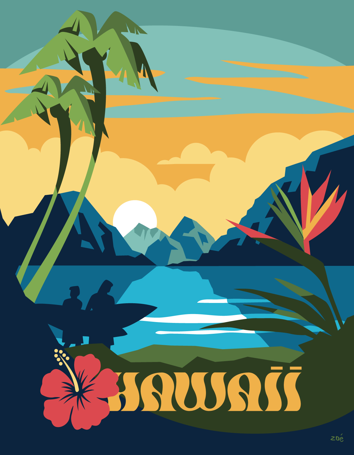 illustration Hawaï USA plage surf