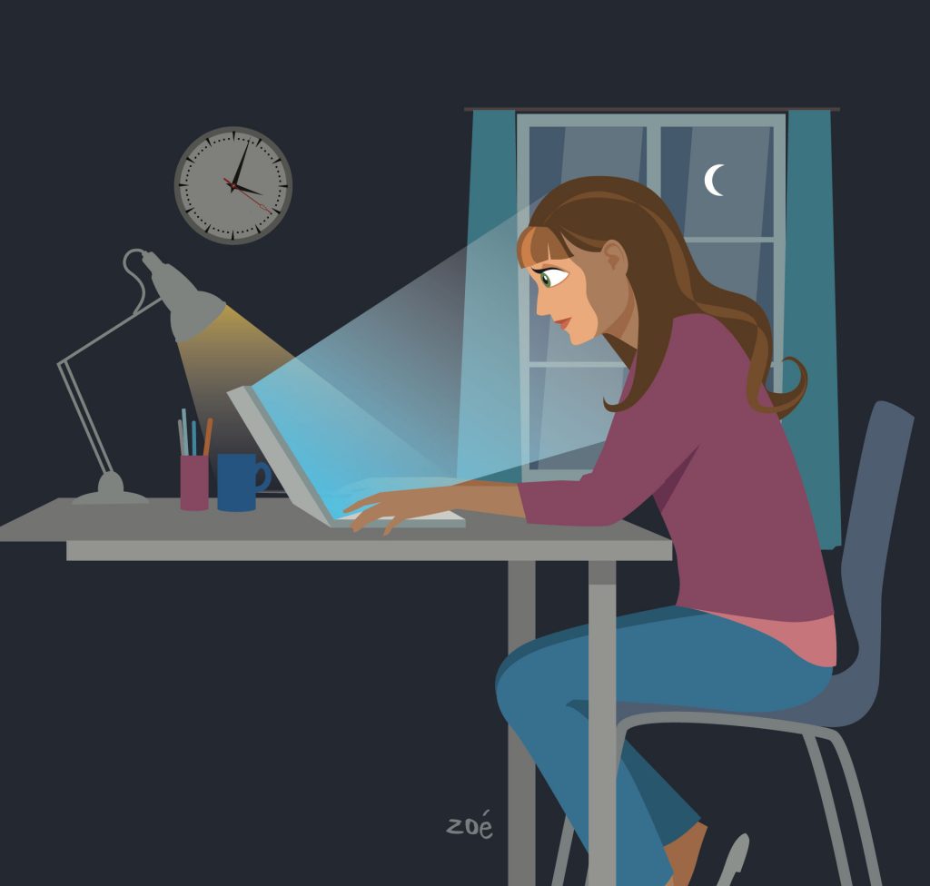 illustration fille ordinateur nuit