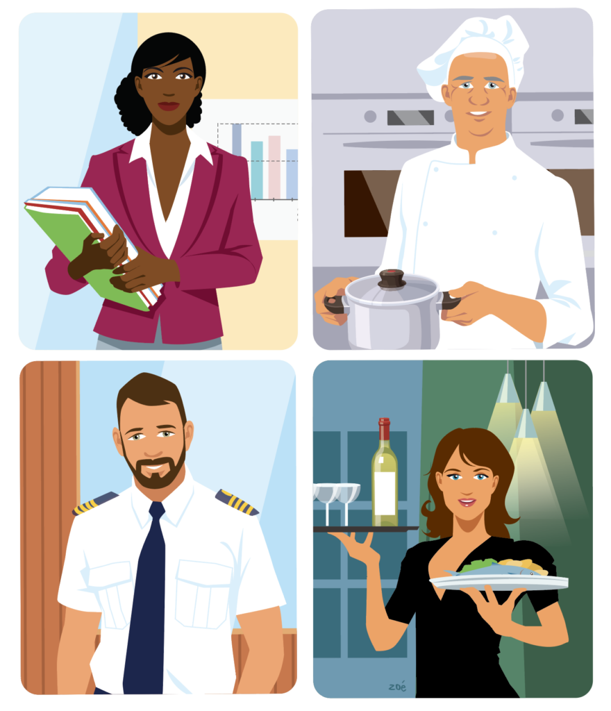 illustration métiers cuisinier pilote serveuse administratif