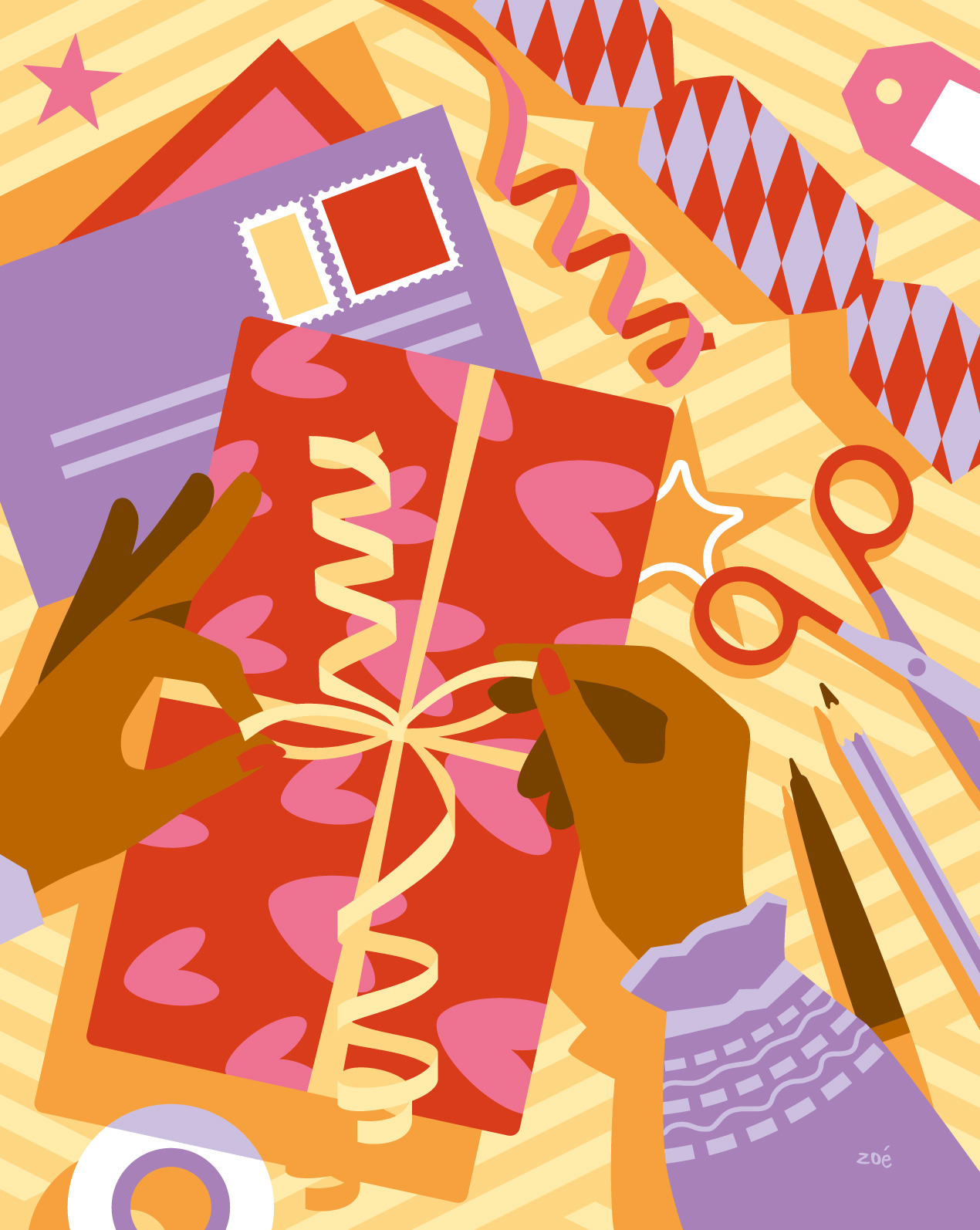 illustration coloriage vacances d'hiver paquets cadeaux de noël Zoé illustratrice